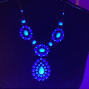 Faux turquoise necklace Glows gold tone statement 21” bib heart shape tag